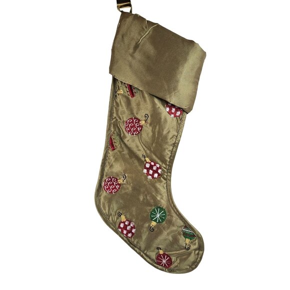 Embroidered Christmas Stocking Green Satin Ornament Design 20 in Vintage - Picture 1 of 10